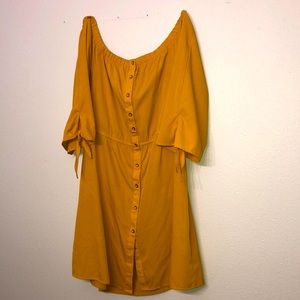 Mustard Off the Shoulder Button Down Shift Dress